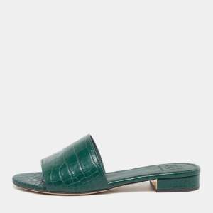Pre Owned Tory Burch Martine Size 35.5 Green Croc Embossed Leather Slide Sandals