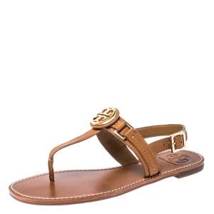 Pre Owned Tory Burch Brown Leather Everly T-Strap Flat Sandals Size 38.5