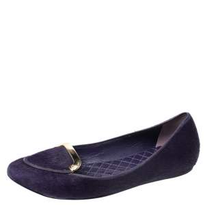 Pre Owned Tory Burch Purple Pony Hair Round Toe Smoking Slippers Size 37