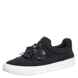 Pre Owned Tory Burch Black Neoprene And Leather Blossom Floral Applique Slip On Sneakers Size 37.5