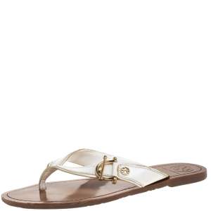 Pre Owned Tory Burch White Leather Thong Flats Size 38