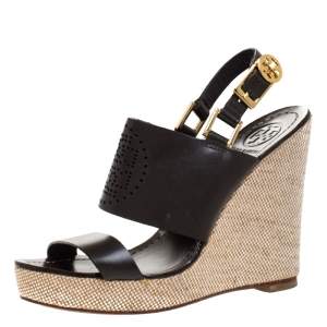 Pre Owned Tory Burch Dark Brown Leather Kimberly Platform Wedges Sandals Size 37