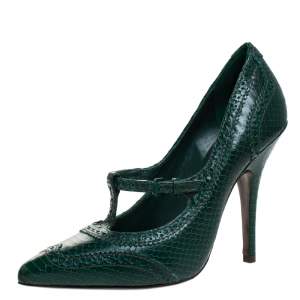 Pre Owned Tory Burch Green Brogue Python Embossed Leather Everly Pumps Size 39