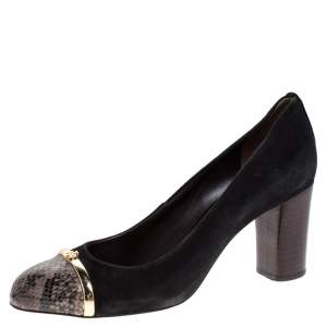 Pre Owned Tory Burch Black Suede And Grey Python Embossed Leather Cap Toe Pumps Size 38.5