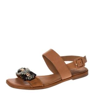 Pre Owned Tory Burch Brown Leather Crystal Embellished Slingback Flat Sandals Size 36.5