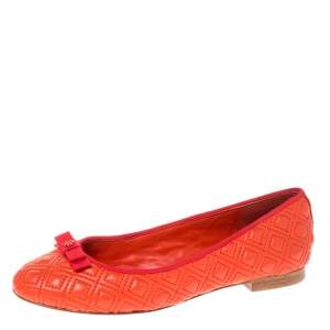Pre Owned Tory Burch Orange Quilted Leather Bow Ballet Flats Size 37