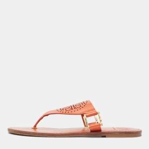 Tory Burch Orange Perforated Leather Thong  Sandals Size 38.5