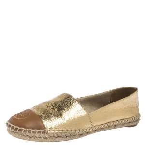 Pre Owned Tory Burch Gold Crackle Leather And Brown Leather Cap Toe Espadrilles Size 38