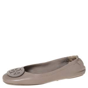 Pre Owned Tory Burch Grey Leather Minnie Scrunch Logo Ballet Flats Size 37.5