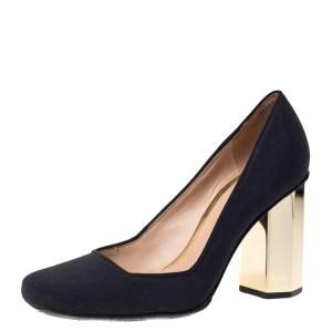 Pre Owned Tory Burch Black Canvas "Regina" Square Toe Block Heel Pumps Size 37.5