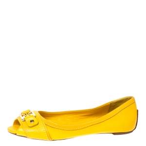 حذاء فلات باليه تورى برش مقدمة مفتوحة كلين جلد أصفر مسطردة مقاس 35.5 