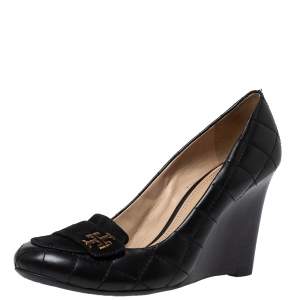 Pre Owned Tory Burch Black Suede And Quilted Leather Leila Wedge Loafer Pumps Size 38