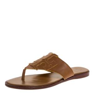 Pre Owned Tory Burch Brown Leather Jamie Flat Thong Sandals Size 37