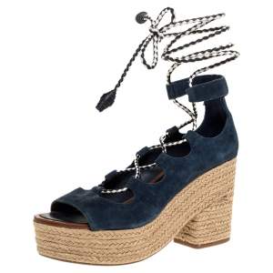 مملوكة مسبقًا Tory Burch Blue Suede Positano Wege Ankle Wrap Sandals Size 38.5