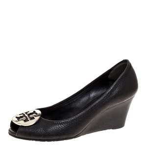 Pre Owned Tory Burch Black Leather Julianne Peep Toe Wedge Pumps Size 37
