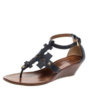 مملوكة مسبقًا Tory Burch Navy Blue Leather Phoebe Thong Ankle Strap Wedge Sandals Size 39.5
