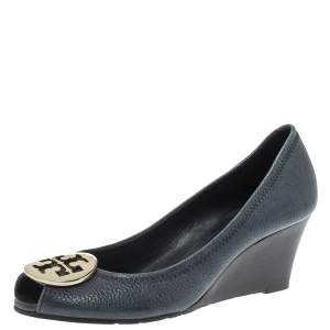 Pre Owned Tory Burch Navy Blue Leather Julianne Peep Toe Wedge Pumps Size 37.5