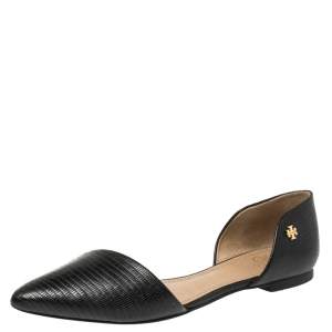 Pre Owned Tory Burch Black Lizard Embossed Leather D'Orsay Flats Size 37