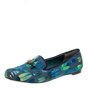 Pre Owned Tory Burch Blue Printed Fabric Chandra Smoking Slippers Size 37.5
