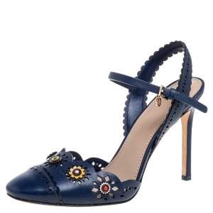 Pre Owned Tory Burch Blue Leather Floral Appliquéd Scalloped Marguerite Sandals Size 37.5