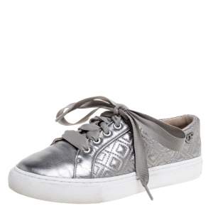 Pre Owned Tory Burch Metallic Grey Marion Quilted Leather Low Top Sneakers Size 35.5