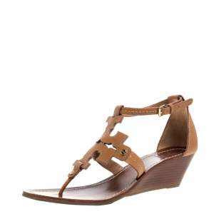 Pre Owned Tory Burch Brown Leather Phoebe Thong Ankle Strap Wedge Sandals Size 39.5