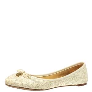 Pre Owned حذاء باليرينا فلات توري برش شيلسيا مطرز جلد أبيض مقاس 36