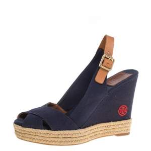 Pre Owned Tory Burch Blue/Brown Canvas And Leather Criss Cross Wedge Espadrilles Size 37.5