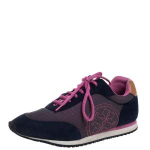 Pre Owned Tory Burch Blue/Pink Suede And Mesh Low Top Sneakers Size 39