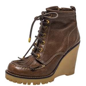 Pre Owned Tory Burch Brown Leather Fringe Detail Wedge Derby Ankle Boots Size 38