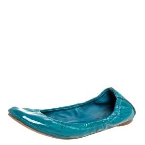 Pre Owned Tory Burch Blue Patent Leather Scrunch Ballet Flats Size 36