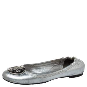 Tory Burch Silver Leather Scrunch Ballet Flats Size 38