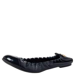 Pre Owned Tory Burch Navy Blue Leather and Patent Leather Cap Toe Scrunch  Ballet Flats Size 37.5
