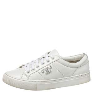 Pre Owned Tory Burch White Leather Chace Low Top Sneakers Size 36