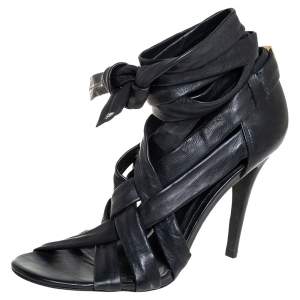 مملوكة مسبقًا Tory Burch Black Leather Criss Cross Ankle Wrap Sandals Size 39.5