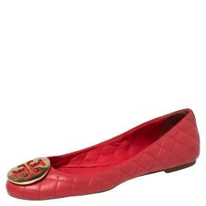 Pre Owned Tory Burch Red Quilted Leather Reva Ballet Flats Size 38.5