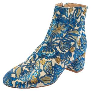 Tory Burch Multicolor Brocade Fabric Block Heel Ankle Boots Size 36