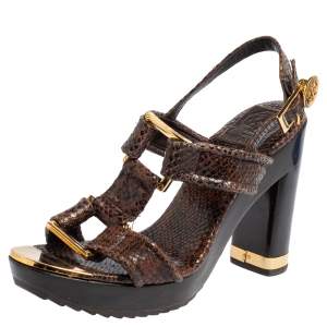 Pre Owned Tory Burch Brown Python Embossed Leather Karmen T-Strap Clog Sandals Size 36