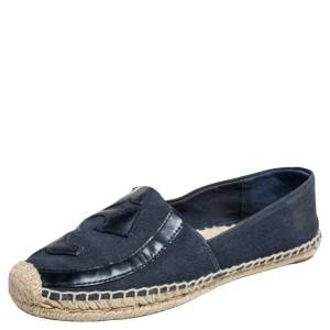 Tory Burch Blue Canvas And Blue Patent Leather Logo Lonnie Espadrilles Flats Size 37