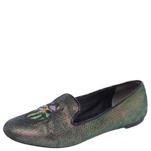 Tory Burch Multicolor Iridescent Leather Beetle Embroidered Smoking Slippers Size 38.5