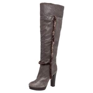 Tory Burch Brown Crinkled Leather and Shearling Fur Knee Length Boots Size 38.5
