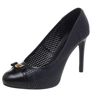 Tory Burch Black/Blue Perforated Leather Bow Pumps Size 38