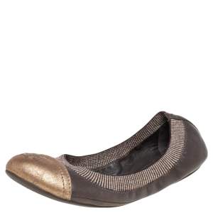 Pre Owned Tory Burch Gold/Brown Leather Scrunch Ballet Flats Size 35.5