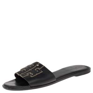 مملوكة مسبقًا Tory Burch Black Leather Double T Slide Flat Sandals Size 36.5