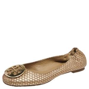 Tory Burch Brown Suede And Python Embossed Leather Reva Ballet Flats Size 38.5