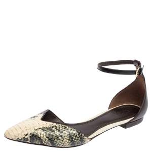 Pre Owned Tory Burch Green/Beige Python Embossed Leather Pointed Toe Ankle Strap Flats Size 37.5