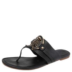 Pre Owned Tory Burch Black Leather Amanda Thong Flat Sandals Size 41
