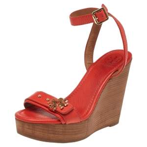 Pre Owned Tory Burch Coral Red Leather Open Toe Ankle Strap Wedge Sandals Size 38