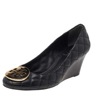 Tory Burch Black Quilted Leather Reva Wedge Pumps Size 35.5