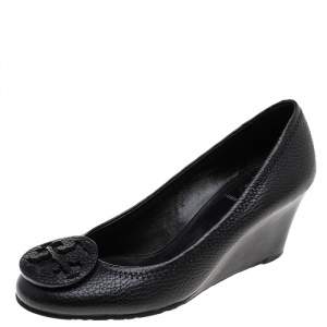 Pre Owned Tory Burch Black Leather Julianne Wedge Pumps Size 35